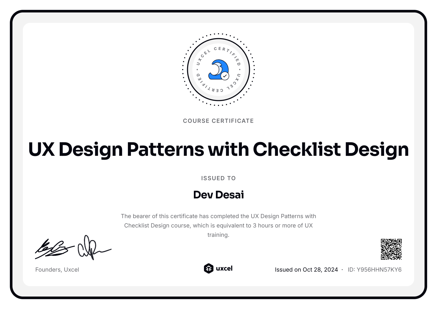 Dev Desai's certificate